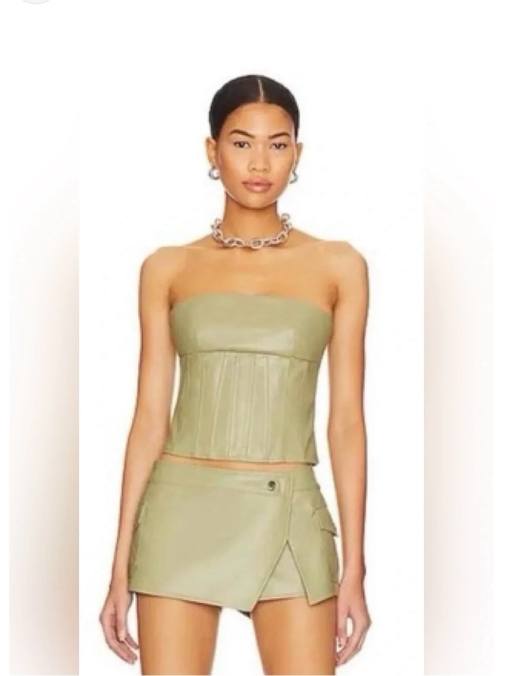 superdown Olive Green Strapless Faux Leather Corset Top and Mini Skort